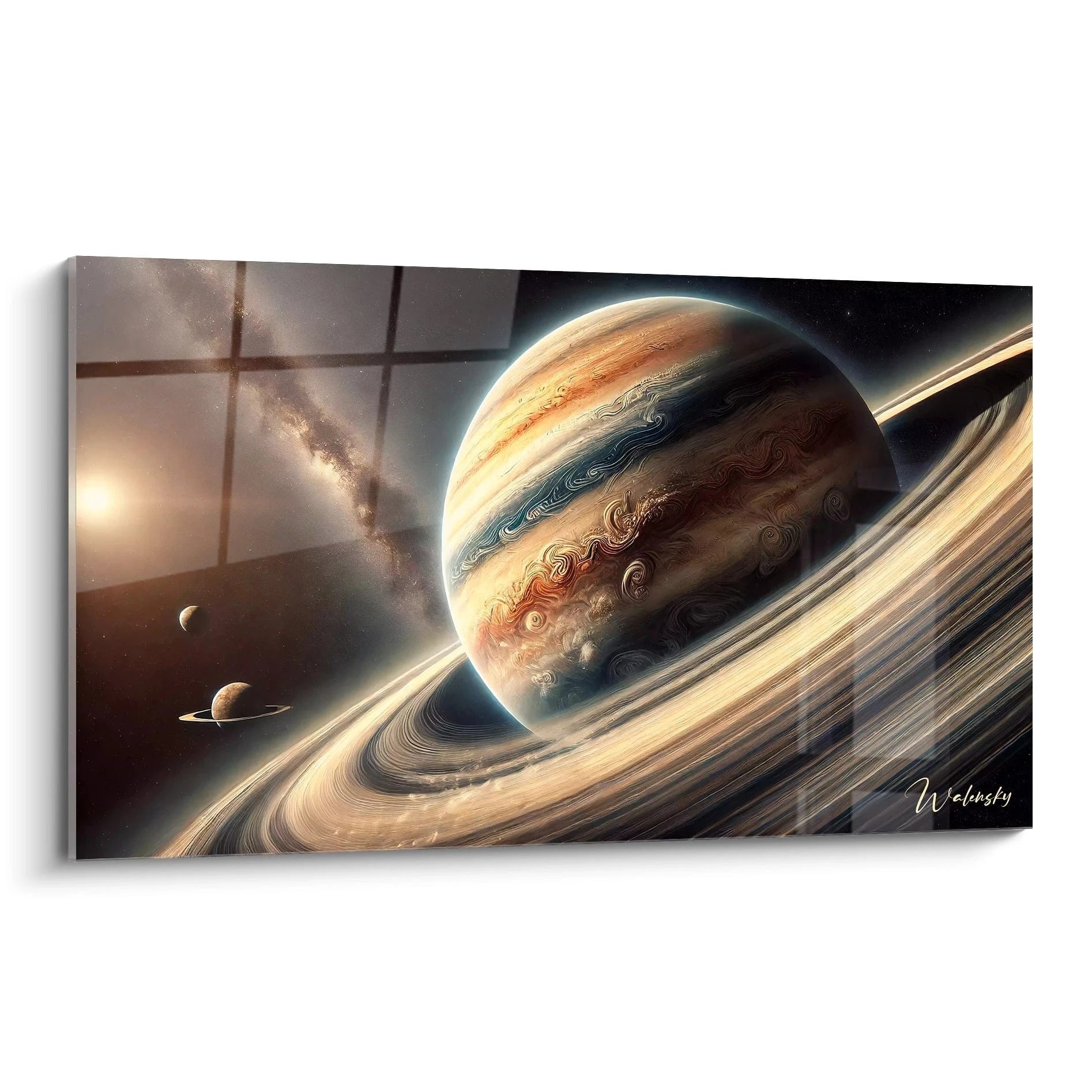 Vue de biais du tableau espace representant Jupiter avec ses anneaux d'or et nuances de marron et bleu capturant tempetes cycloniques et harmonie cosmique inspiree par les sondes spatiales.

