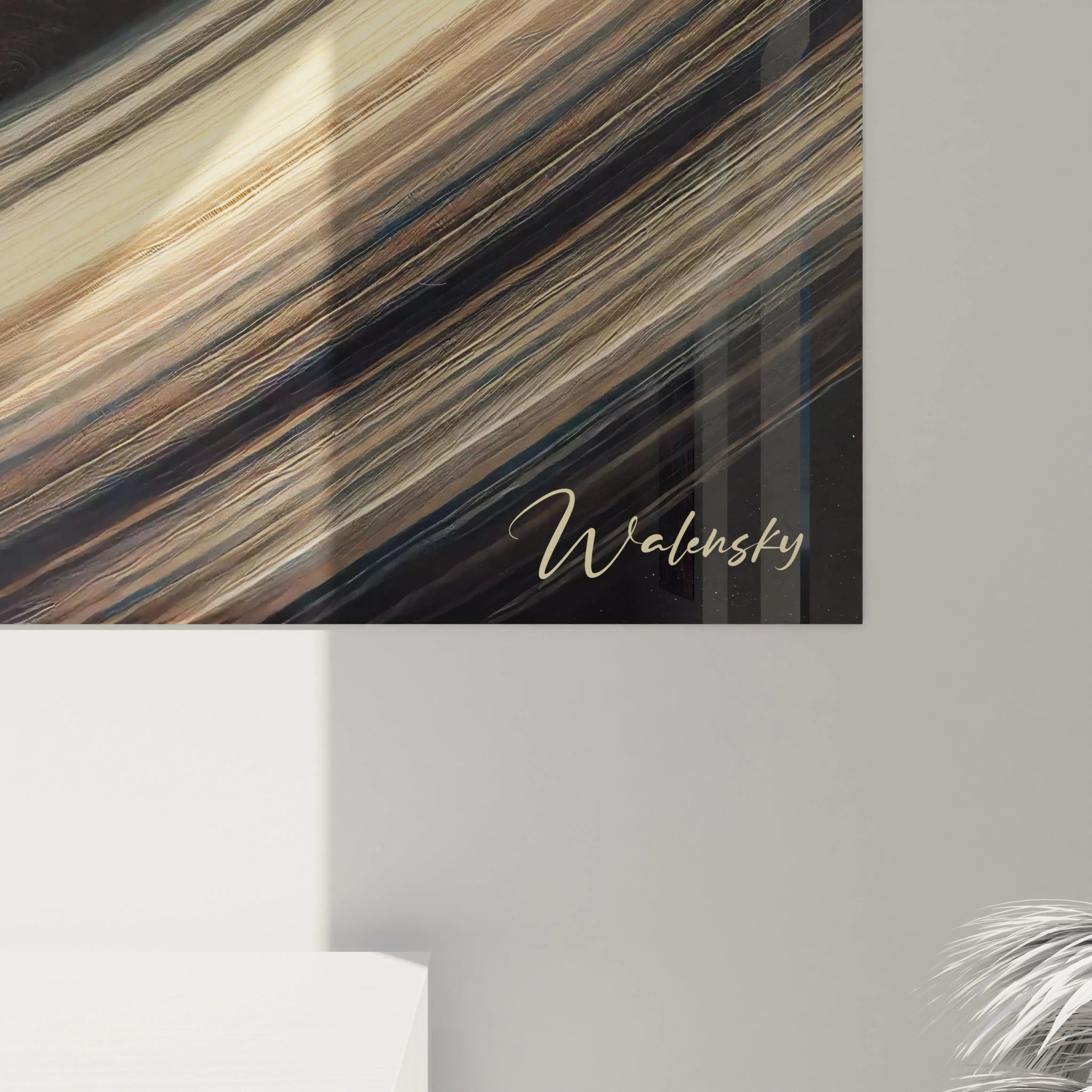 Gros plan du tableau espace revelant la texture detaillee des gaz tourbillonnants de Jupiter, alliant bleu calme et marron intense, une ode visuelle a l'infini cosmique.

