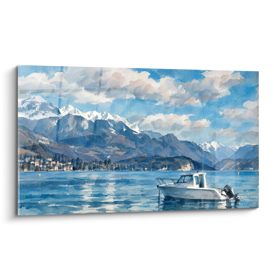 Tableau Bateau à moteur blanc et bleu sous sommets enneigés - Nuages cotonneux au loin - Edition Annecy  Auvergne-Rhône-Alpes  France