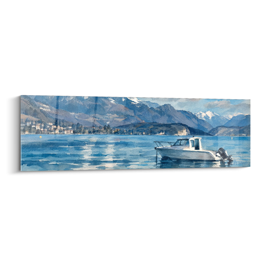 Tableau Bateau blanc sur lac bleu montagneux - Calme sur l'eau - Edition Annecy  Auvergne-Rhône-Alpes  France