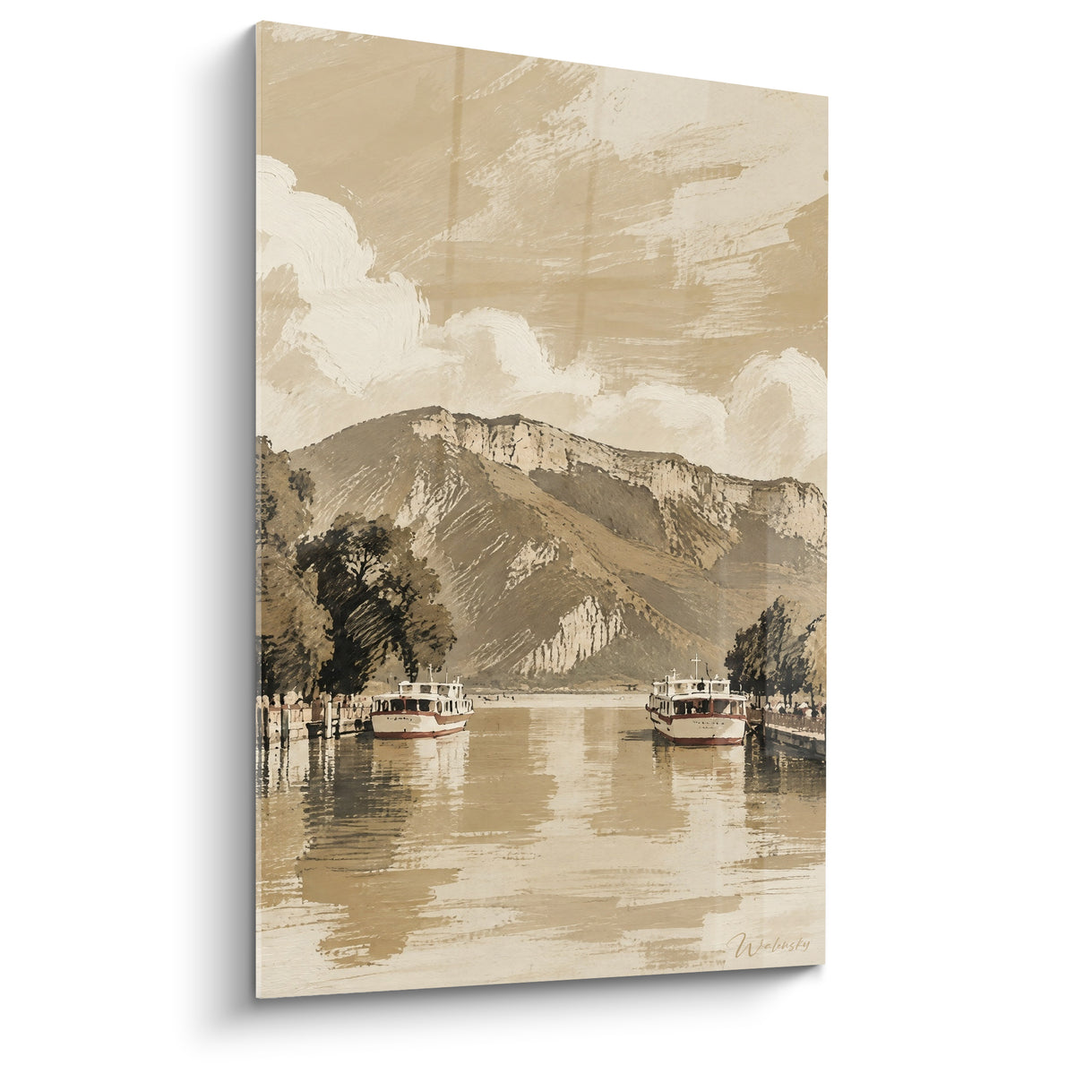 Schilderij witte boten afgemeerd op sepia meer, okerkleurige bergen en bewolkte lucht op de achtergrond