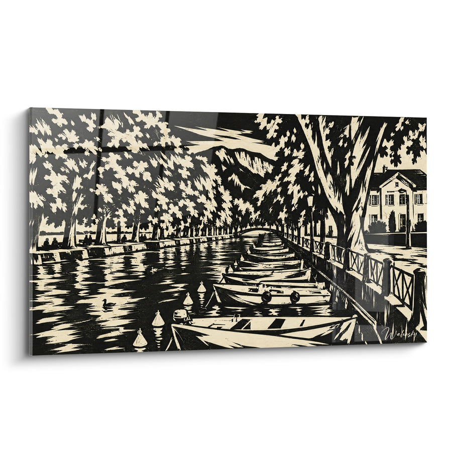 Tableau Barques noires et blanches sous allée d'arbres - Gravure en linogravure - Edition Annecy  Auvergne-Rhône-Alpes  France