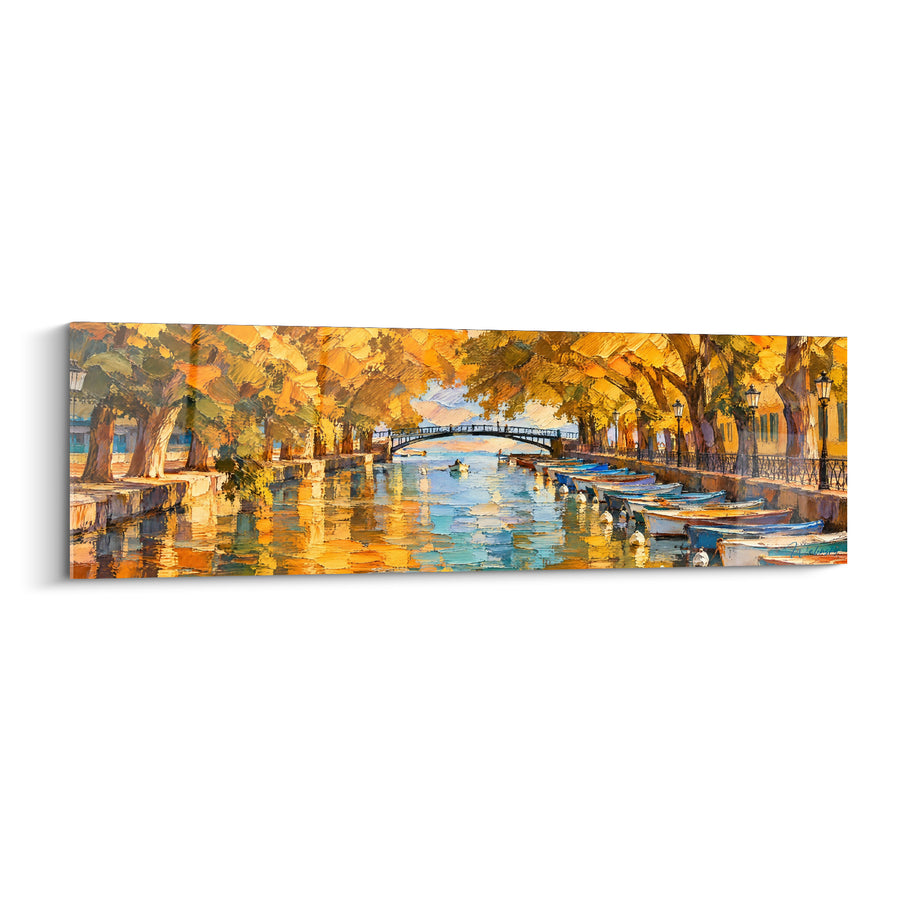 Tableau Canal bordé d'arbres jaunes et bleus avec lampadaires - Pont métallique en arc - Edition Annecy  Auvergne-Rhône-Alpes  France