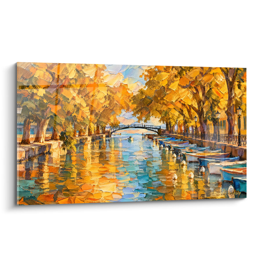 Tableau Canal d'Annecy aux arbres dorés et barques turquoise - Flânerie automnale - Edition Annecy  Auvergne-Rhône-Alpes  France