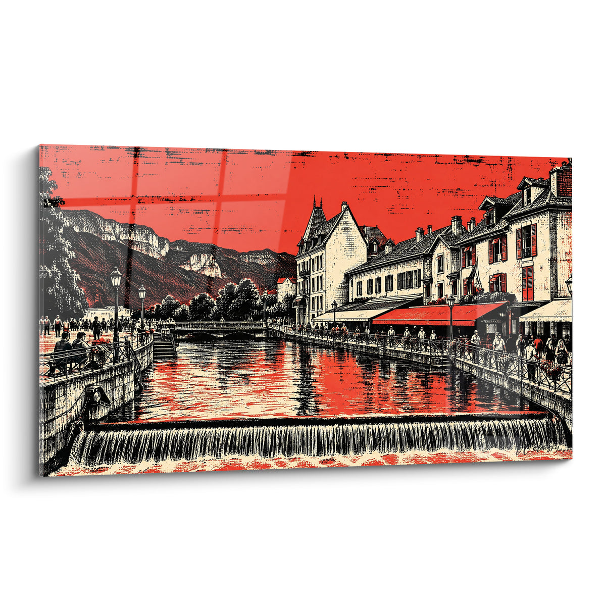 Wall art Annecy canal in red and black, cream facades, white waterfall in the foreground