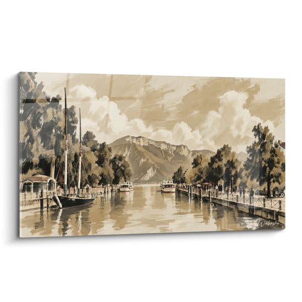 Tableau Canal sépia et montagnes au port - Souvenir de voyage - Edition Annecy  Auvergne-Rhône-Alpes  France