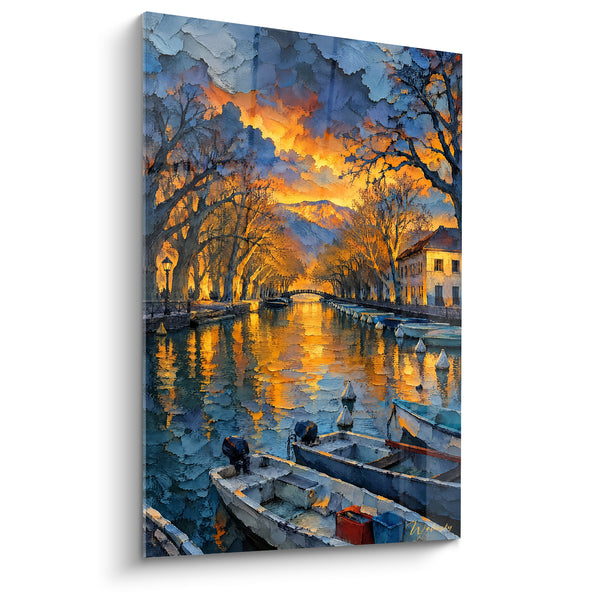 Tableau Canal du Thiou bleu et orangé vibrant - Lueurs du crépuscule - Edition Annecy  Auvergne-Rhône-Alpes  France