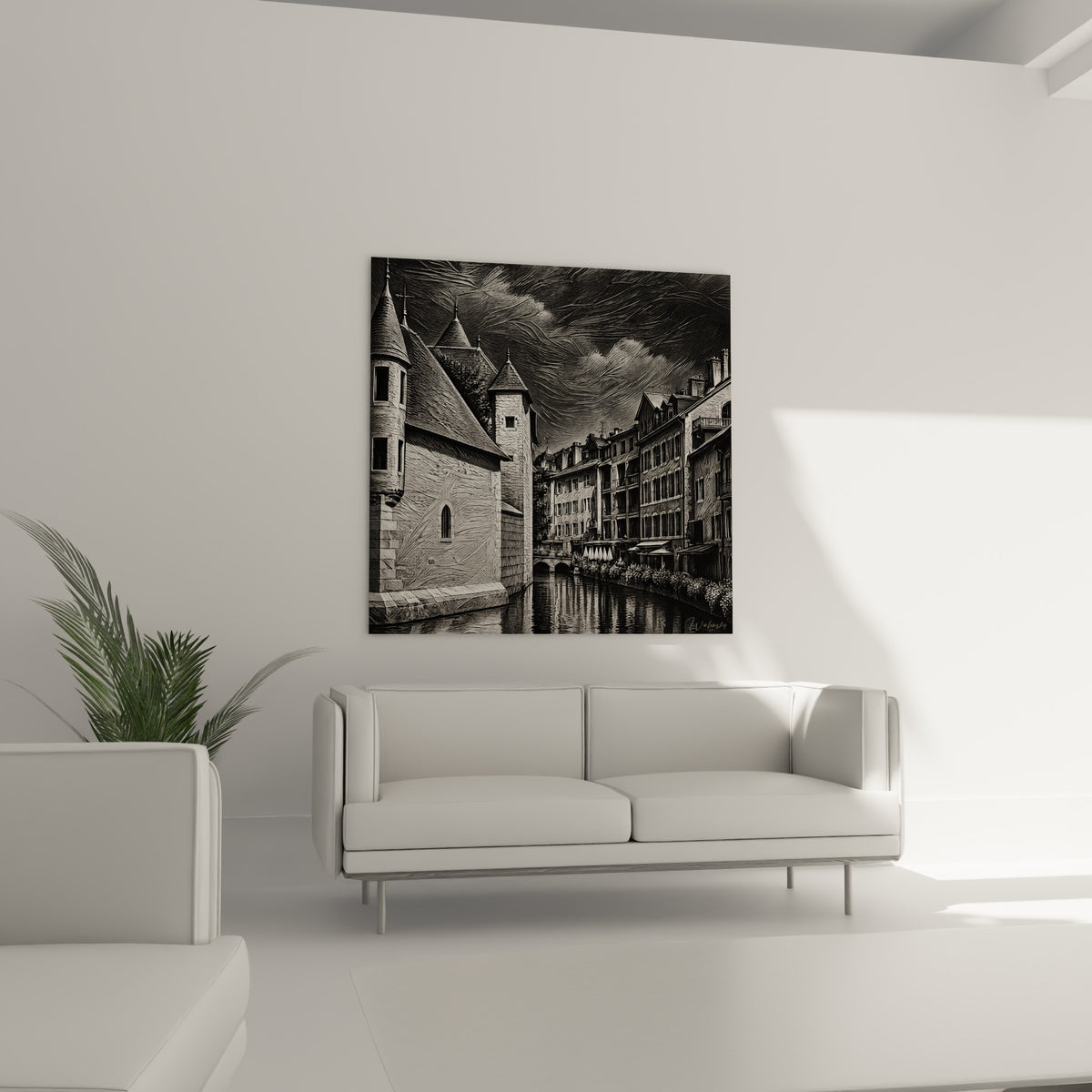 Canal d'Annecy et tourelles grises gravées, reflets sombres sur l'eau, au-dessus d'un canapé dans un salon lumineux