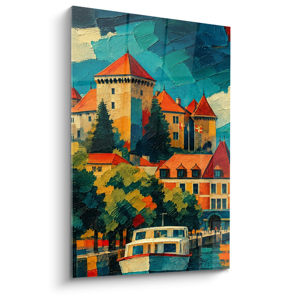 Tableau Château médiéval aux toits orangés et bleus - Escale au fil de l'eau - Edition Annecy  Auvergne-Rhône-Alpes  France