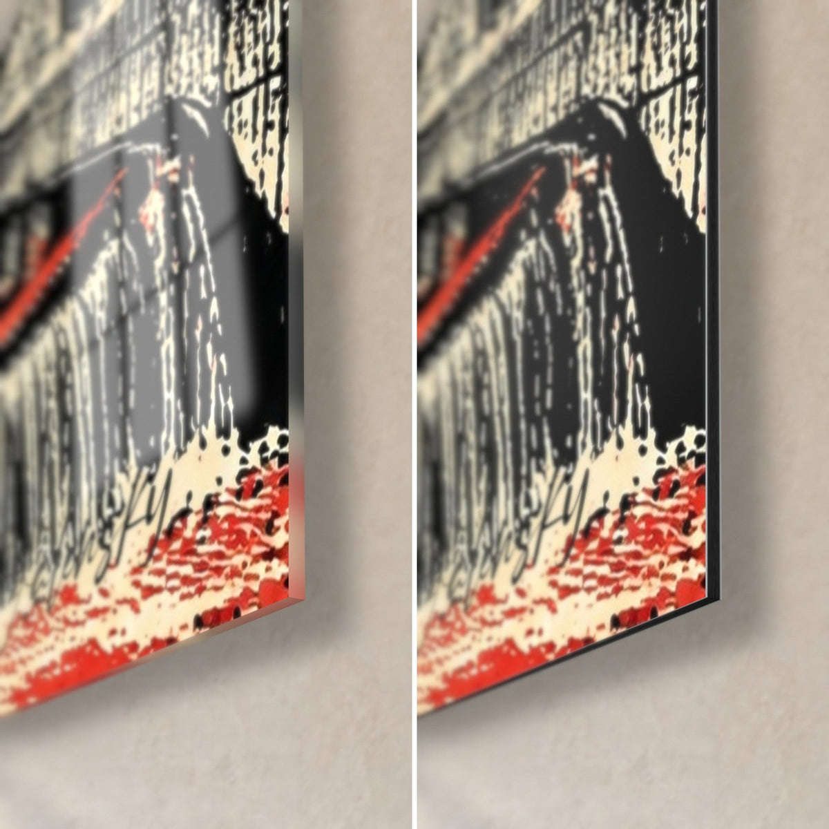 Wall art weir waterfall in red and black etching, bottom right corner, glossy acrylic glass on the left, matte Dibond aluminium on the right