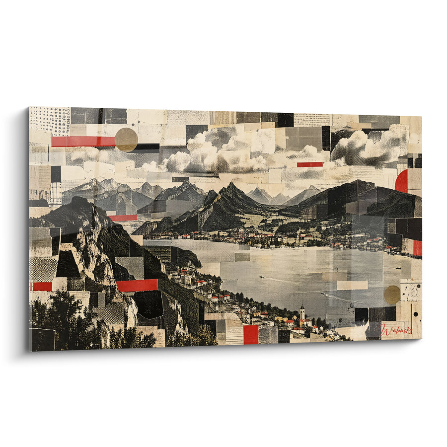 Tableau Lac de montagne en collage beige et rouge - Mémoire de voyage - Edition Annecy  Auvergne-Rhône-Alpes  France