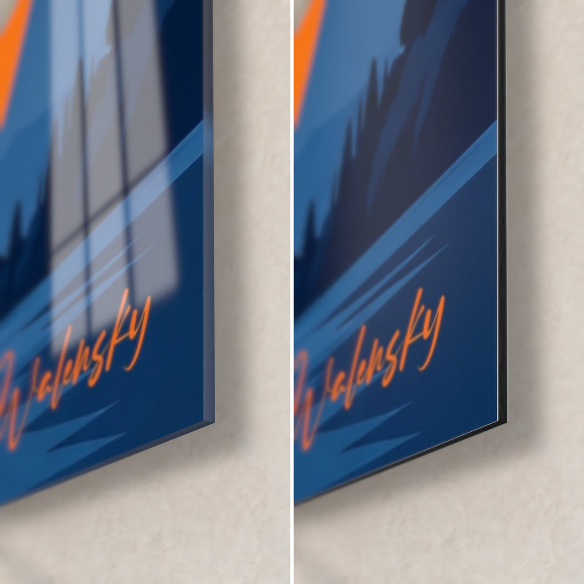 Wall art orange and blue mountains, Walensky cursive signature, glossy corner and matte Dibond, 3 mm edge