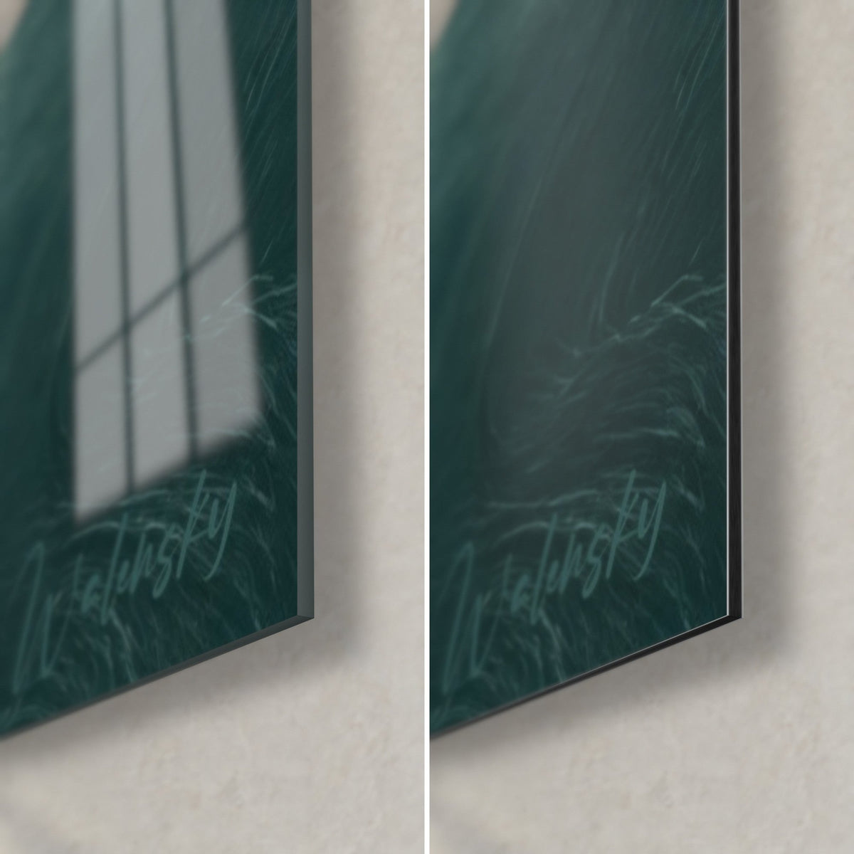 Tableau montagnes et lac turquoise, coin bas droit : verre acrylique brillant à reflets, Dibond mat gris, tranche de 3 mm