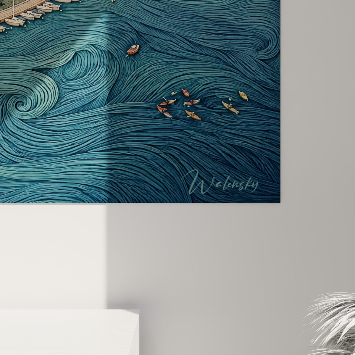 Détail des traits fins bleu marine et ocre du lac d'Annecy, grain précis révélant les courbes de l'eau peinte