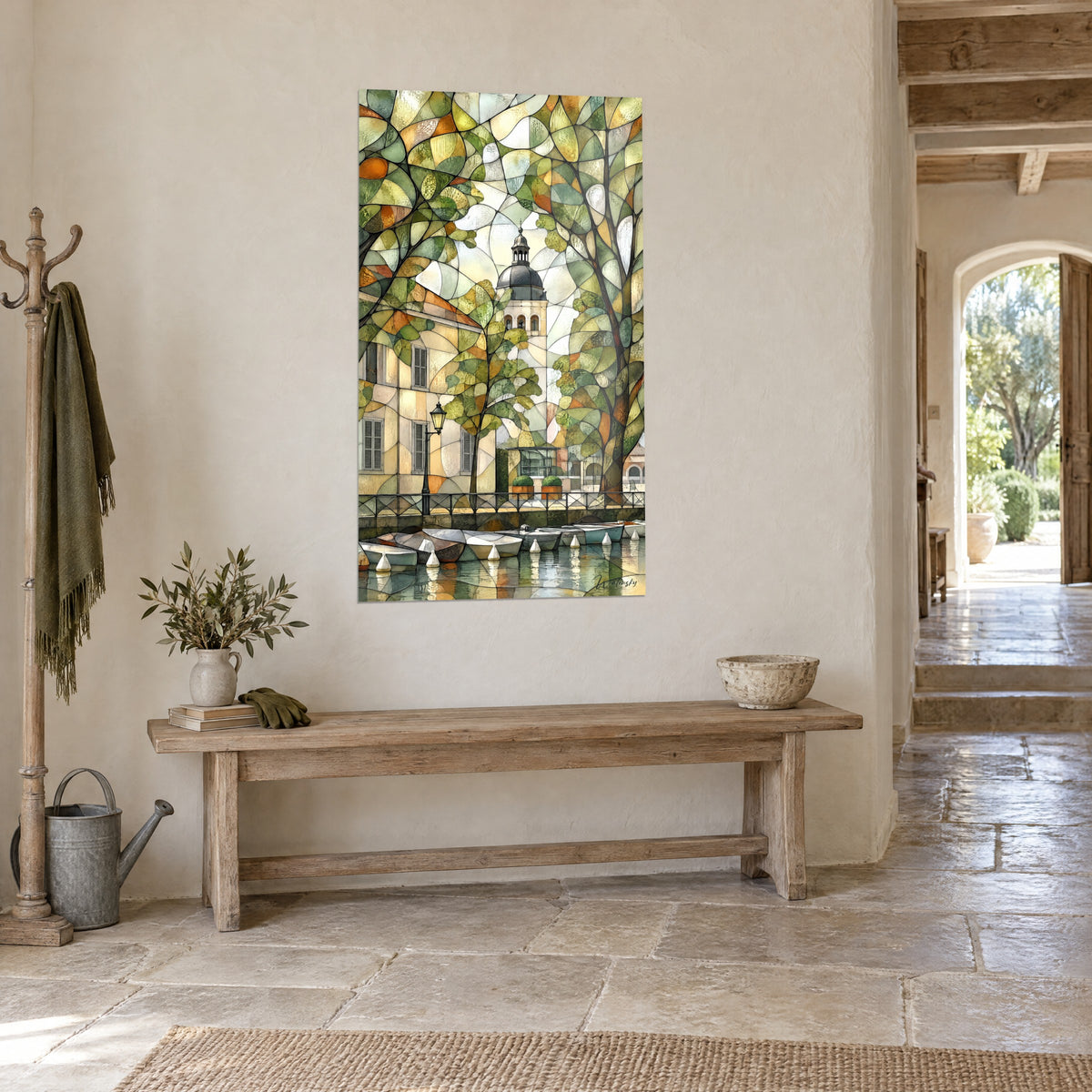 Tableau façade jaune pâle et lanterne noire, arbres en éclats de verre vert et orange, vue de trois-quarts dans une maison en pierre