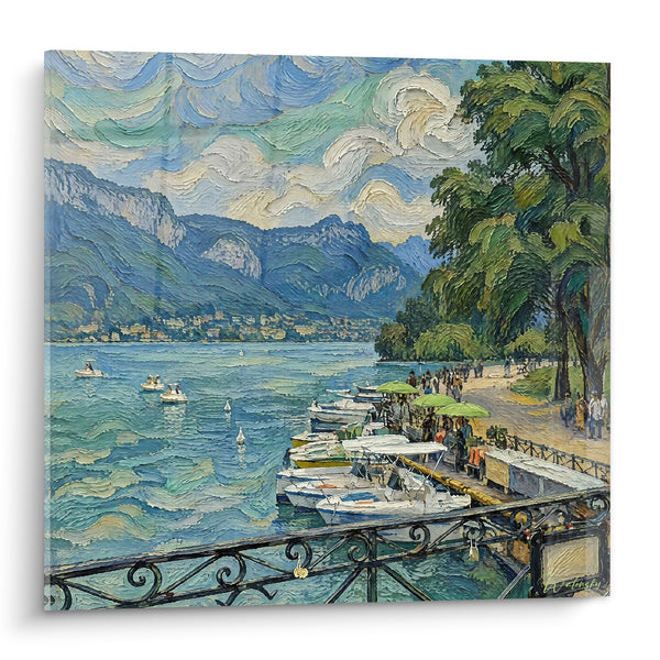 Tableau Lac turquoise et montagnes bleutées animées - Flânerie au bord du lac - Edition Annecy  Auvergne-Rhône-Alpes  France