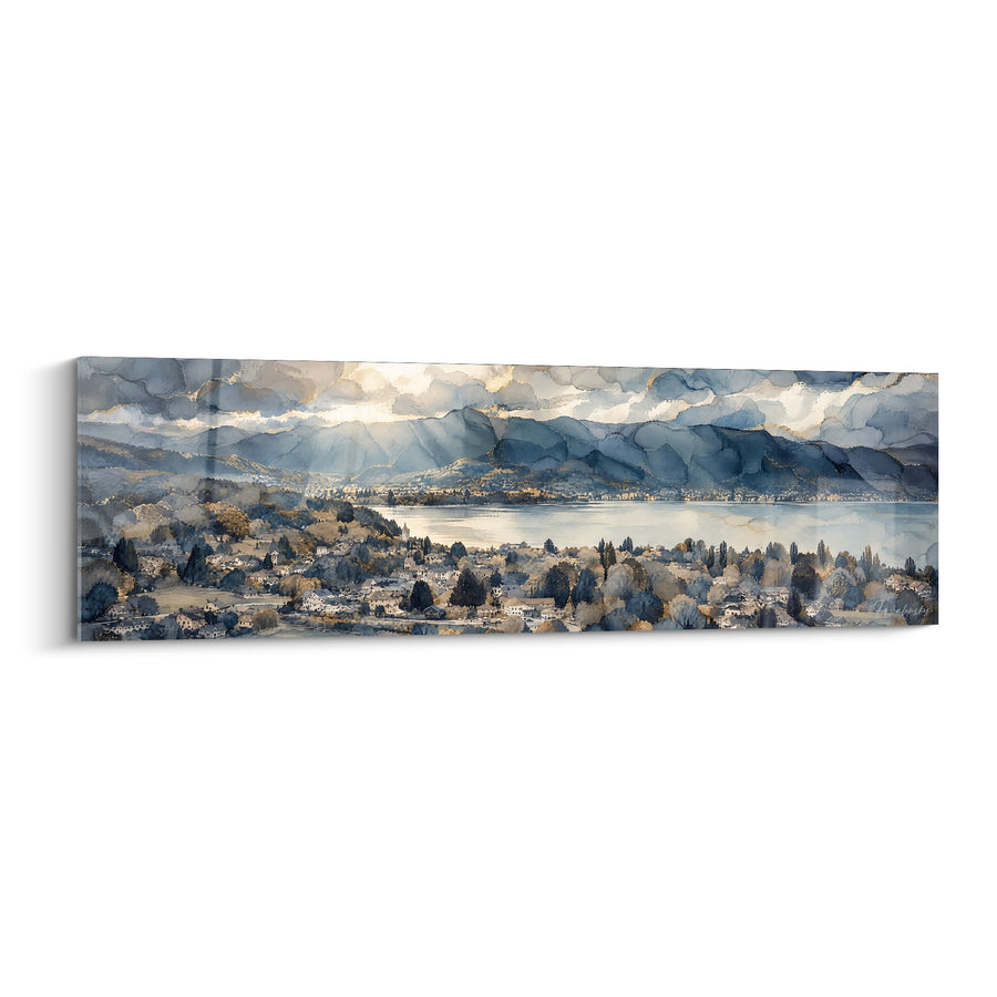 Tableau Lac panoramique bleu et doré entre montagnes - Réveil sur le lac - Edition Annecy  Auvergne-Rhône-Alpes  France