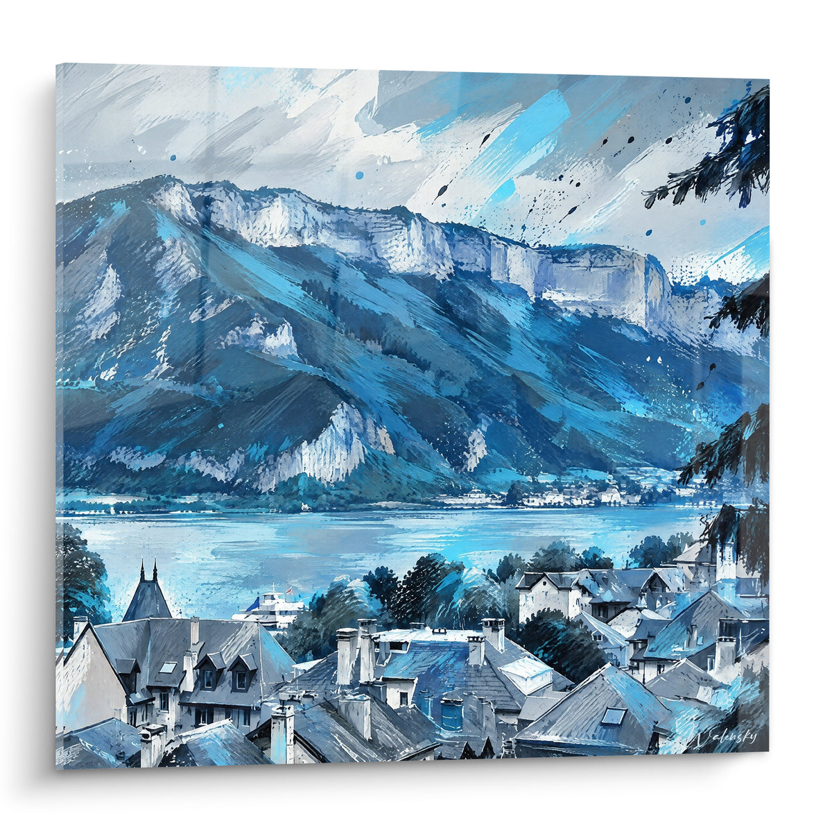 Lac et montagnes bleutées surplombant les toits gris d'un village savoyard, traitement pictural esquissé