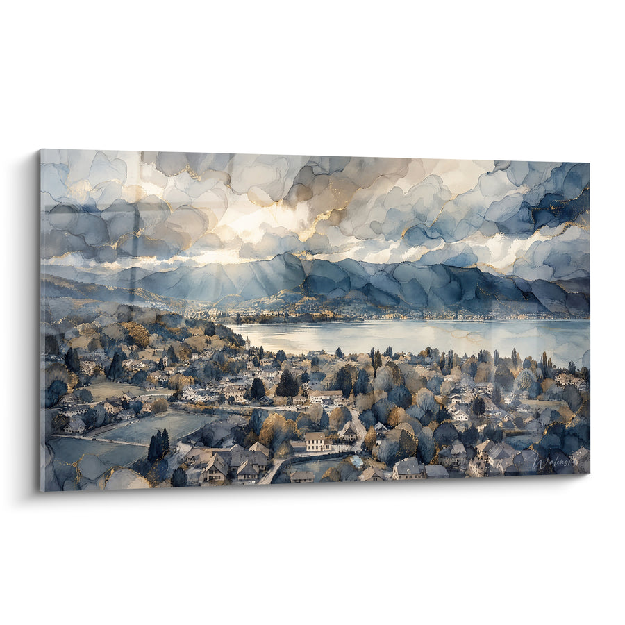 Tableau Lac alpin bleu et doré sous nuages - Éclaircie sur le lac - Edition Annecy  Auvergne-Rhône-Alpes  France