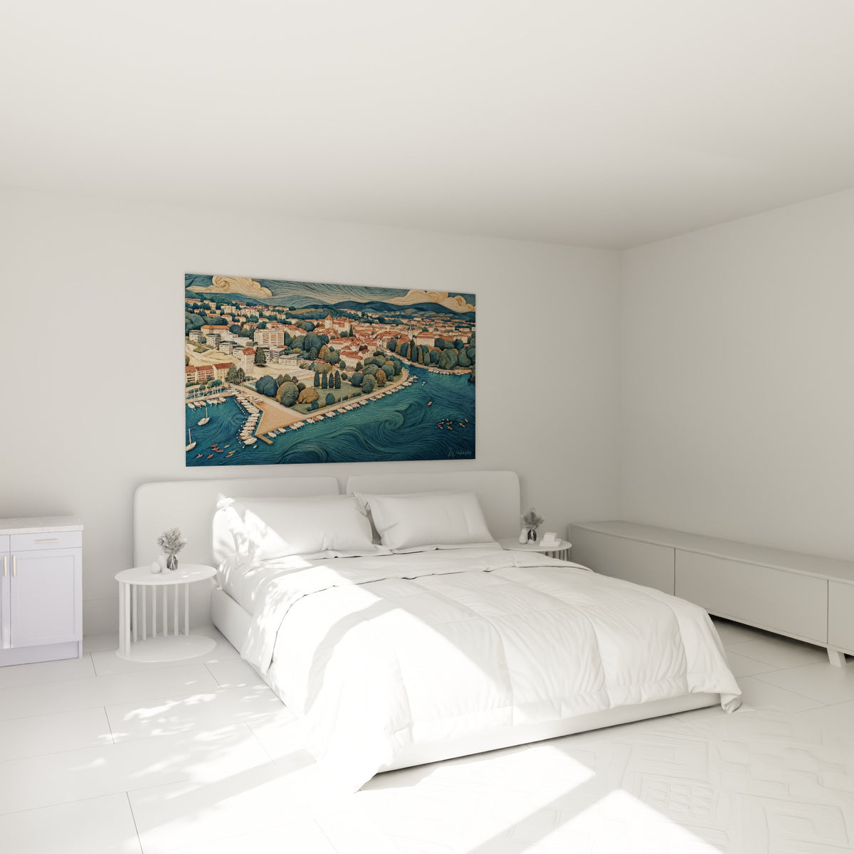 Panorama d'Annecy aux teintes bleu marine et ocre, accroché au-dessus d'un lit dans une chambre claire