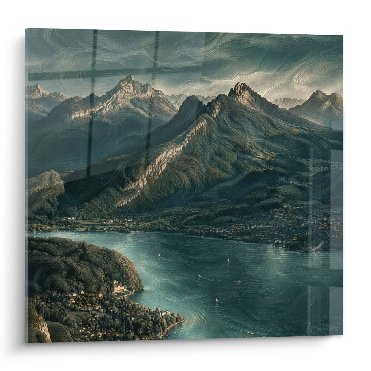 Tableau lac d'Annecy turquoise encerclé de montagnes anthracite et vertes vues du ciel