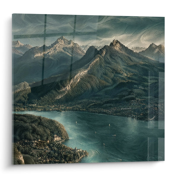 Tableau Lac turquoise sous montagnes vert sombre - Vertige alpin - Edition Annecy  Auvergne-Rhône-Alpes  France