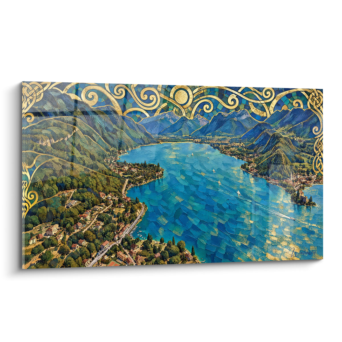 Cuadro lago de Annecy visto desde el cielo en azul turquesa y verde, enmarcado por volutas doradas estilizadas.
