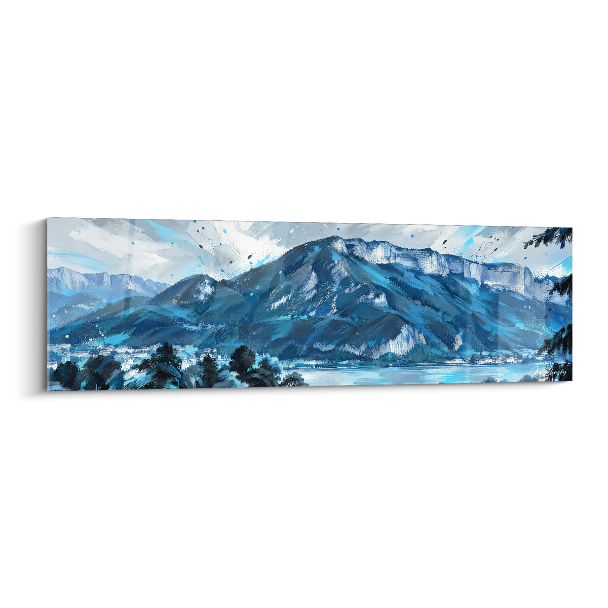 Chaîne de montagnes bleu marine et turquoise surplombant un lac dans une composition panoramique esquissée