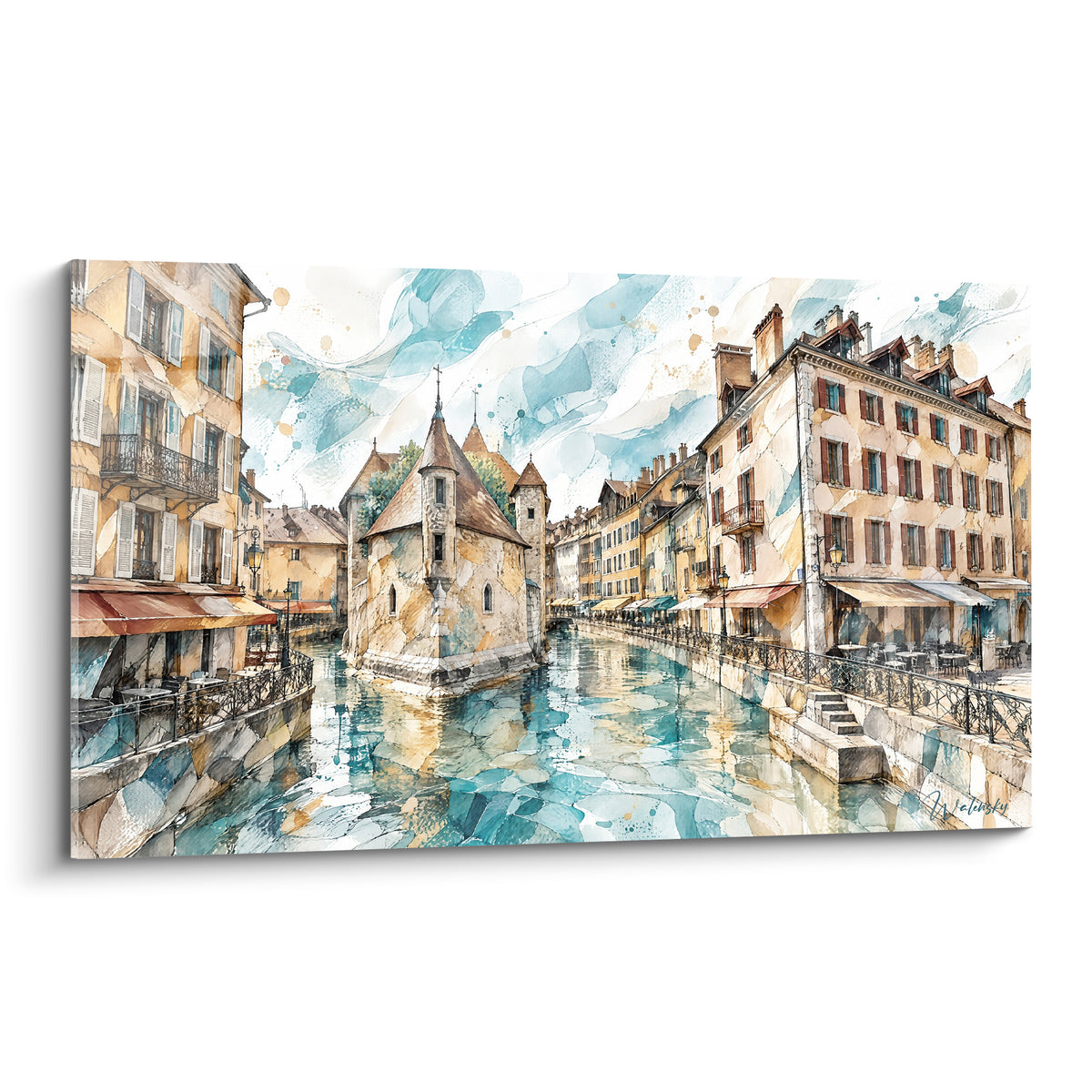 Palais de l'Isle en aquarelle ocre et turquoise, façades anciennes reflétées sur le canal d'Annecy