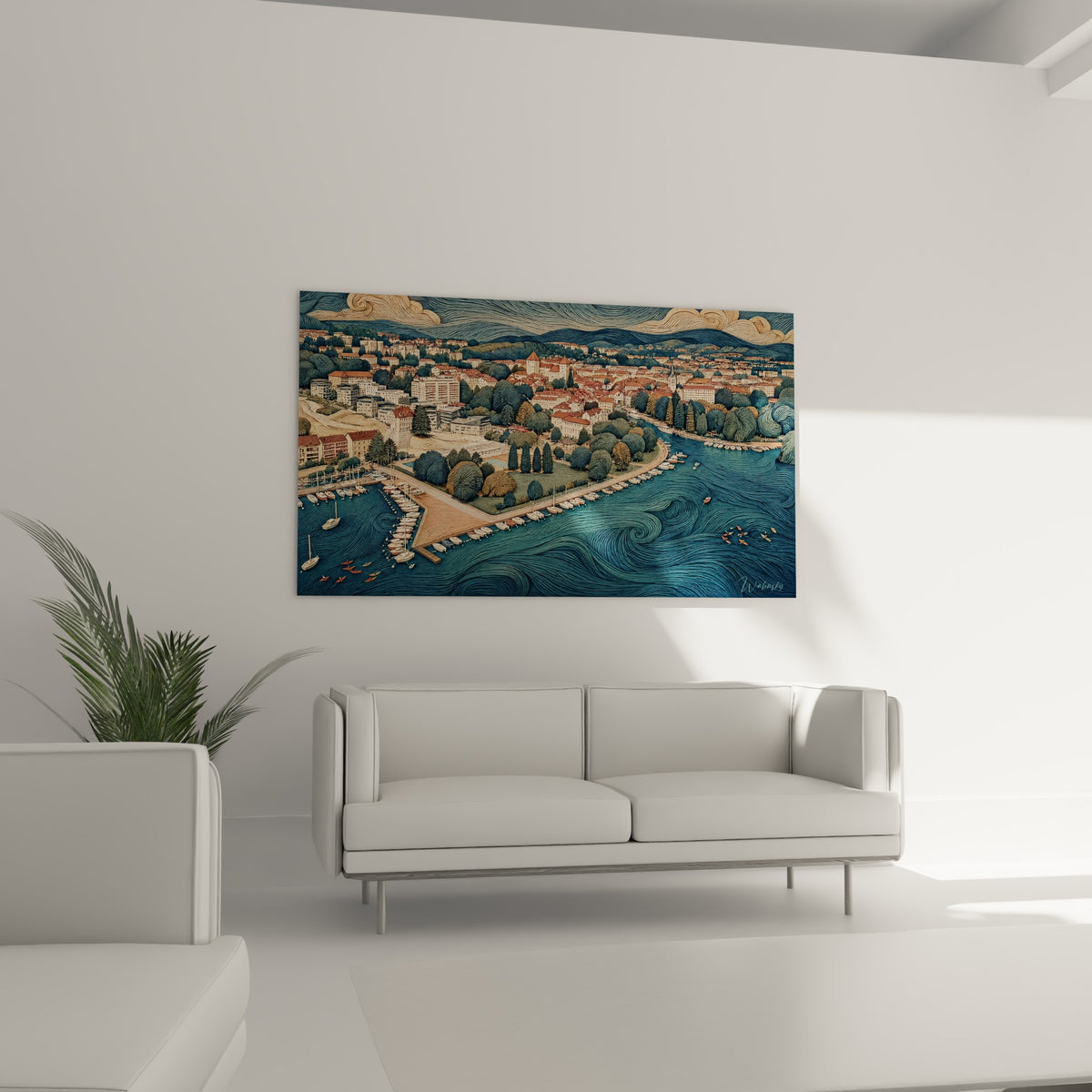 Illustration graphique d'Annecy avec lac bleu et toits terracotta, suspendue au-dessus d'un canapé dans un salon lumineux