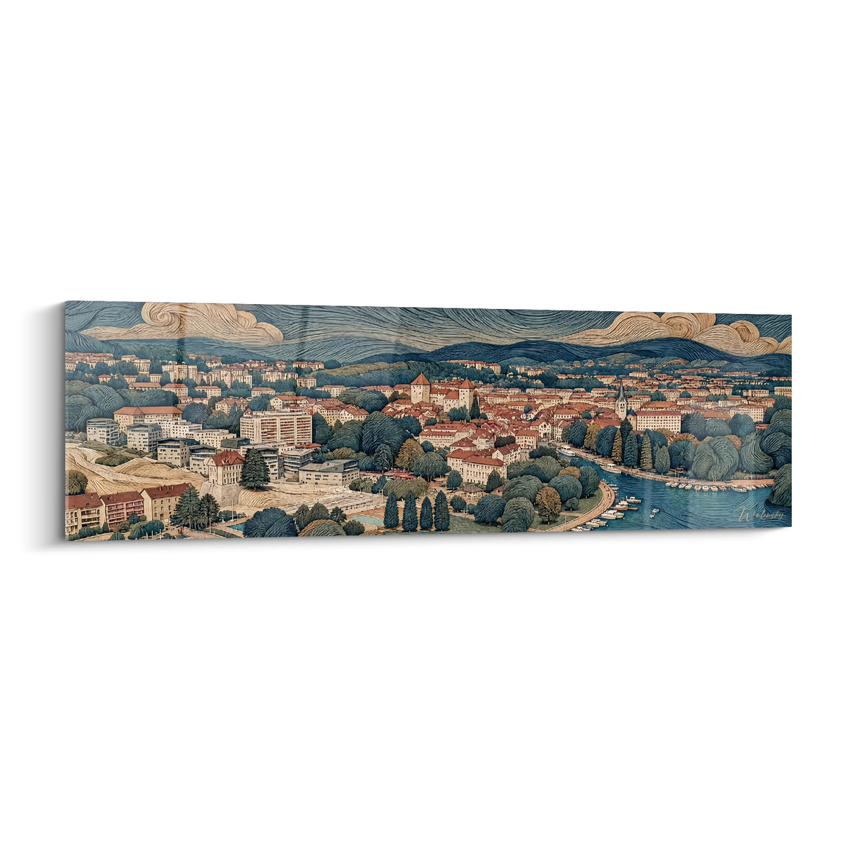 Gemälde Stadtpanorama mit terrakottafarbenen Dächern und marineblauen Hügeln, gewundener Fluss und ein Himmel voller stilisierter Wolken