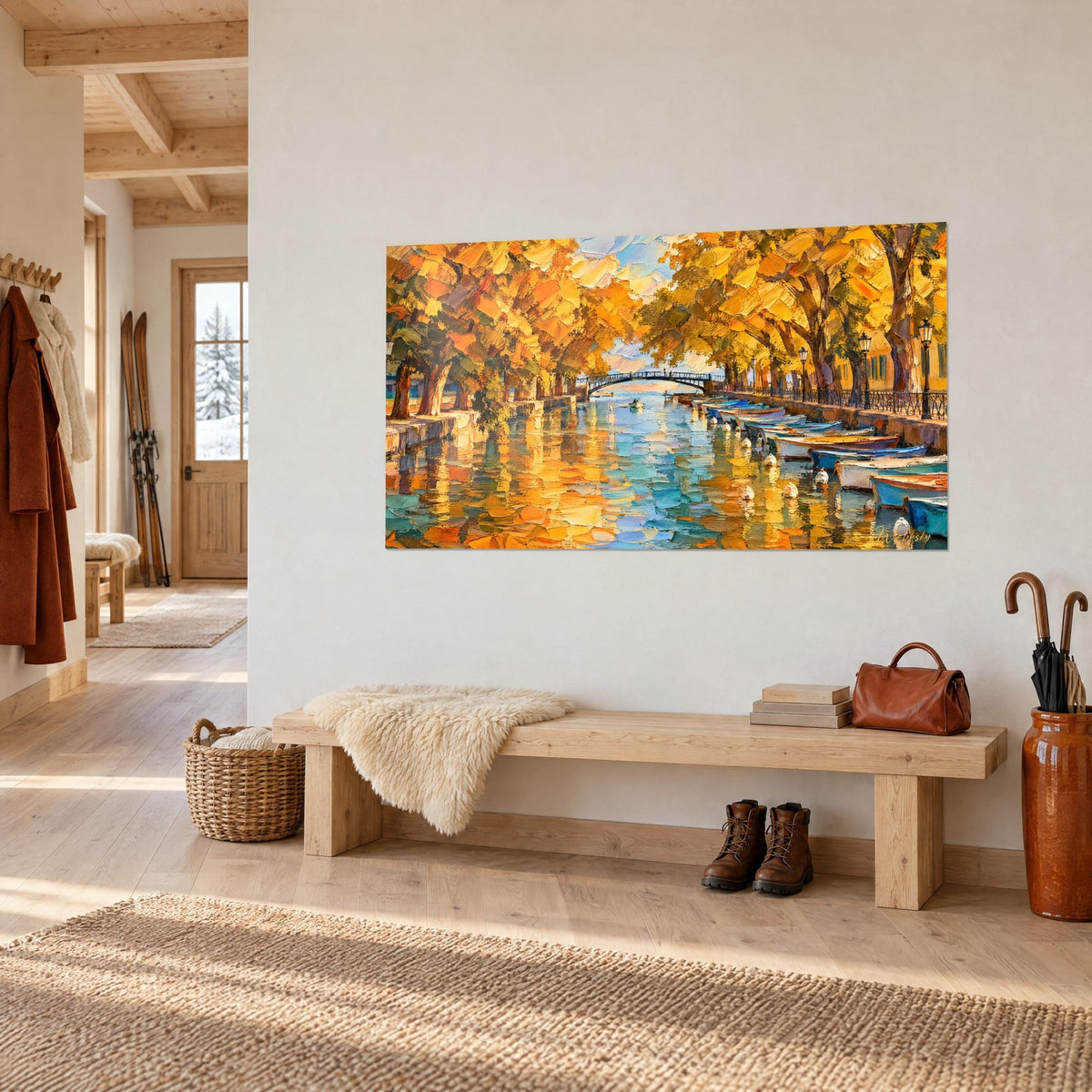 Schilderij waterweg onder een gewelf van oranje gebladerte, klein ijzeren voetbruggetje in de verte, turquoise weerspiegelingen, driekwartzicht op een witte muur
