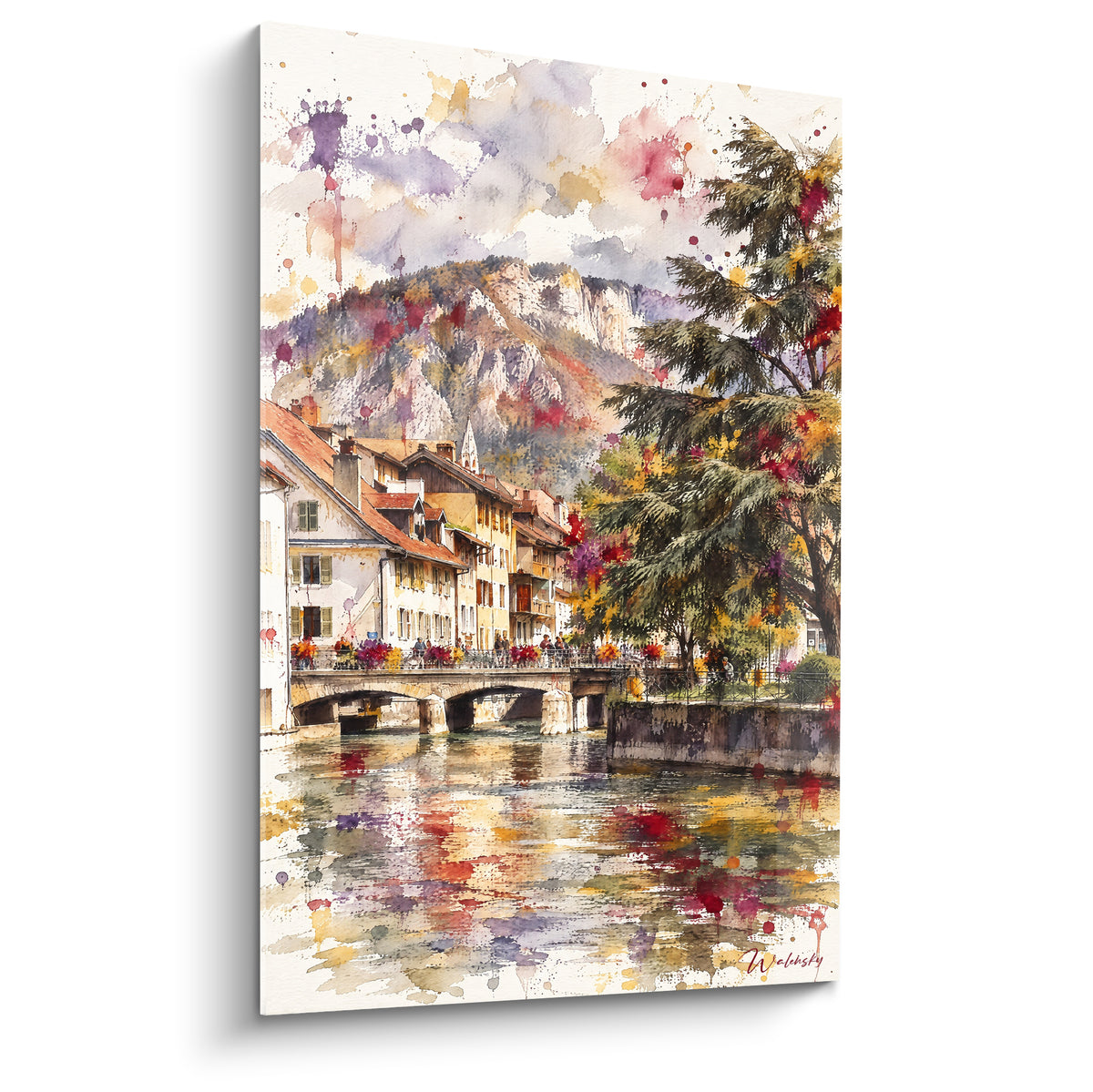 Pont de pierre ocre et canal reflétant maisons terracotta sous ciel violet pastel aquarelle