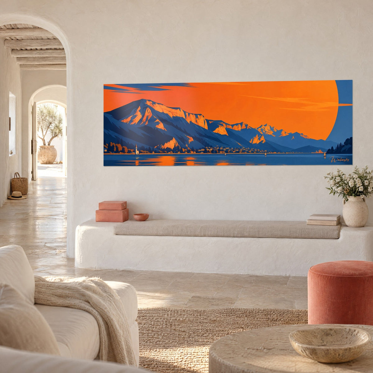 Wall art Lake Annecy in retro poster style, golden cliffs and indigo water, whitewashed wall beside an arched niche