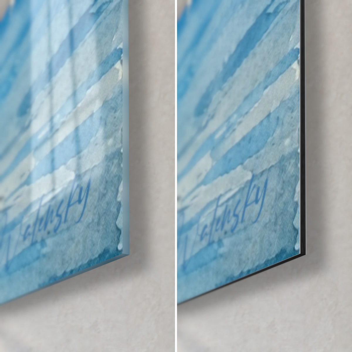 Gemälde eines Gletschersees in Aquarelltechnik, untere rechte Ecke: glänzendes Glas links, mattes Dibond rechts, Gletscherblau und Weiß