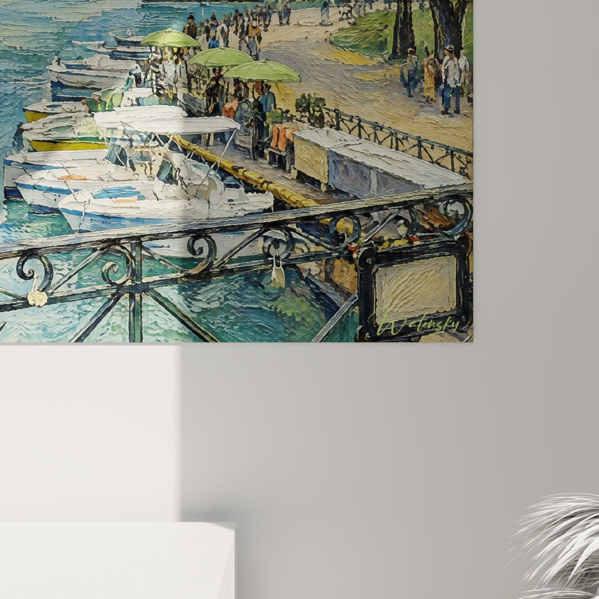 Empâtements épais en bleu ardoise et vert profond révélant la matière picturale du lac d'Annecy en gros plan