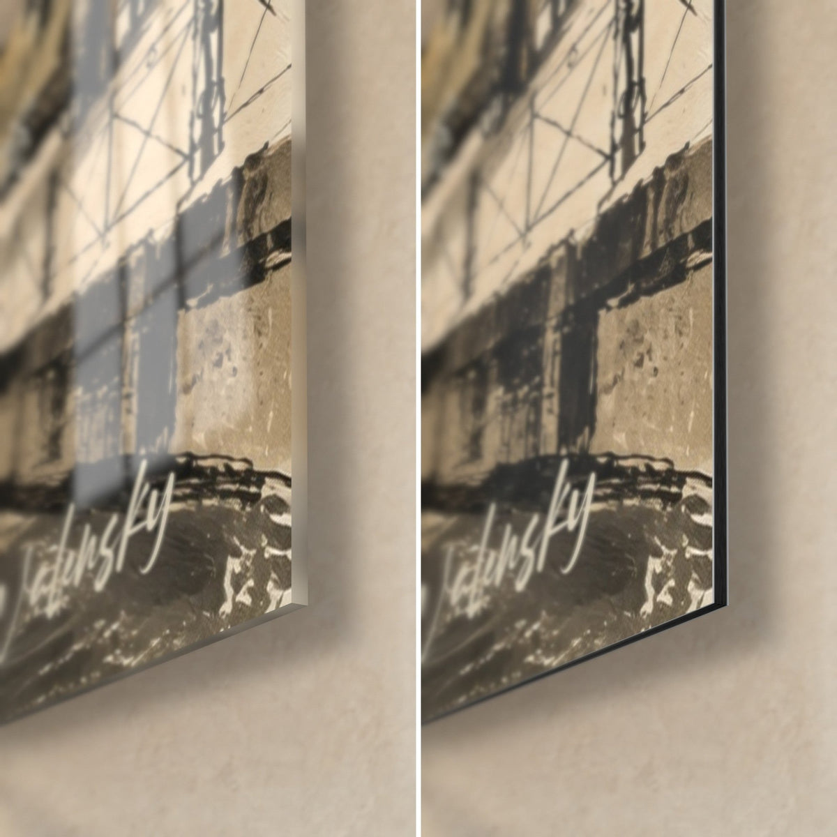 Gemälde Alter Hafen in Sepia, untere rechte Ecke: weiße Signatur auf braunem Grund, glänzendes Glas links, matt Dibond rechts