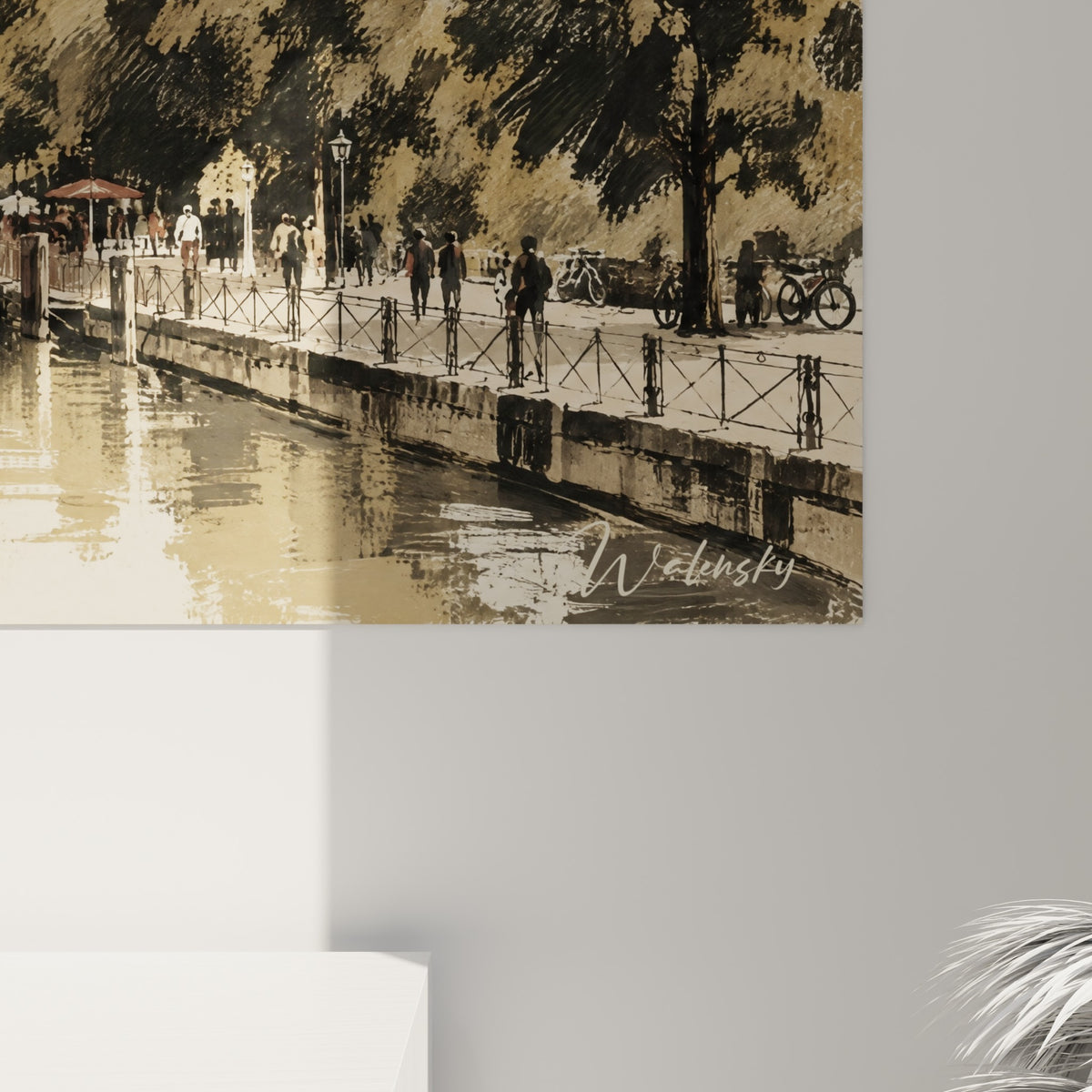 Empâtements sépia et traits esquissés révélant la texture du canal, des mâts anthracite et du ciel beige