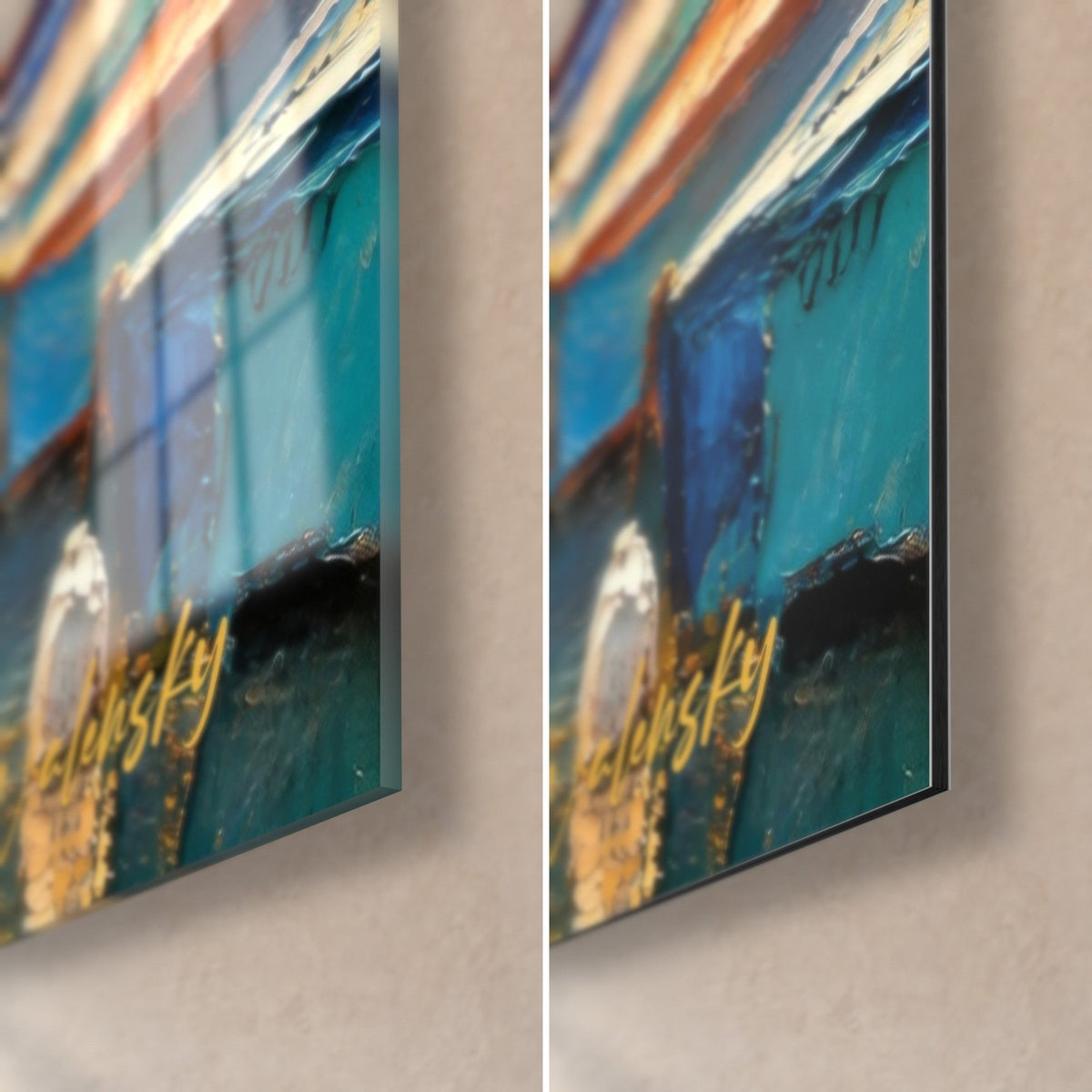 Schilderij diepblauwe boot met gouden reflecties, rechtsonder in de hoek, glanzend acrylglas links, mat Dibond-aluminium rechts, rand van 3 mm