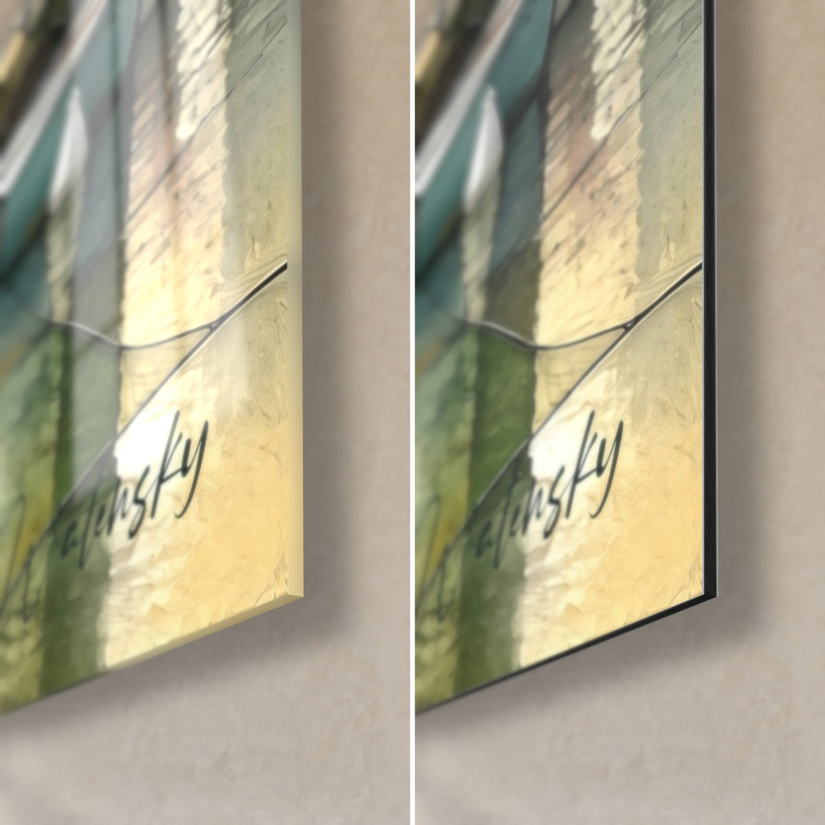Tableau clocher en vitrail vert ocre, coin bas droit : signature Walensky, verre acrylique brillant à gauche, alu Dibond mat à droite