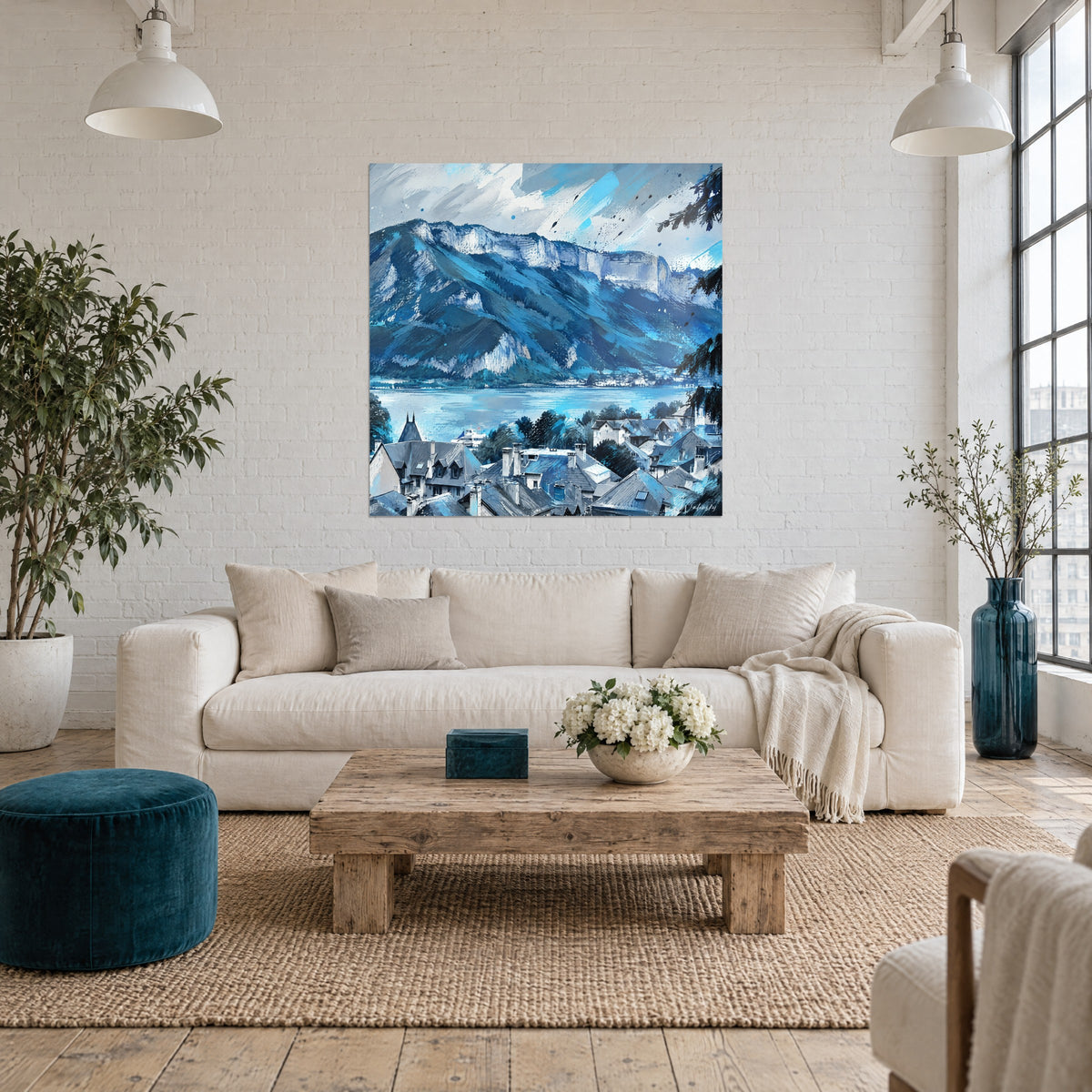 Panorama de toits ardoise et lac bleu profond accroché au-dessus d'un lit dans une chambre claire