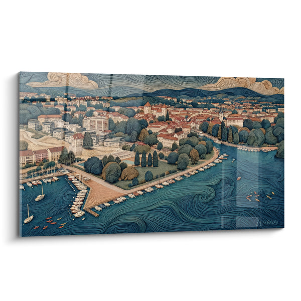 Tableau Vue aérienne bleue et ocre du port - Envol au-dessus du lac - Edition Annecy  Auvergne-Rhône-Alpes  France