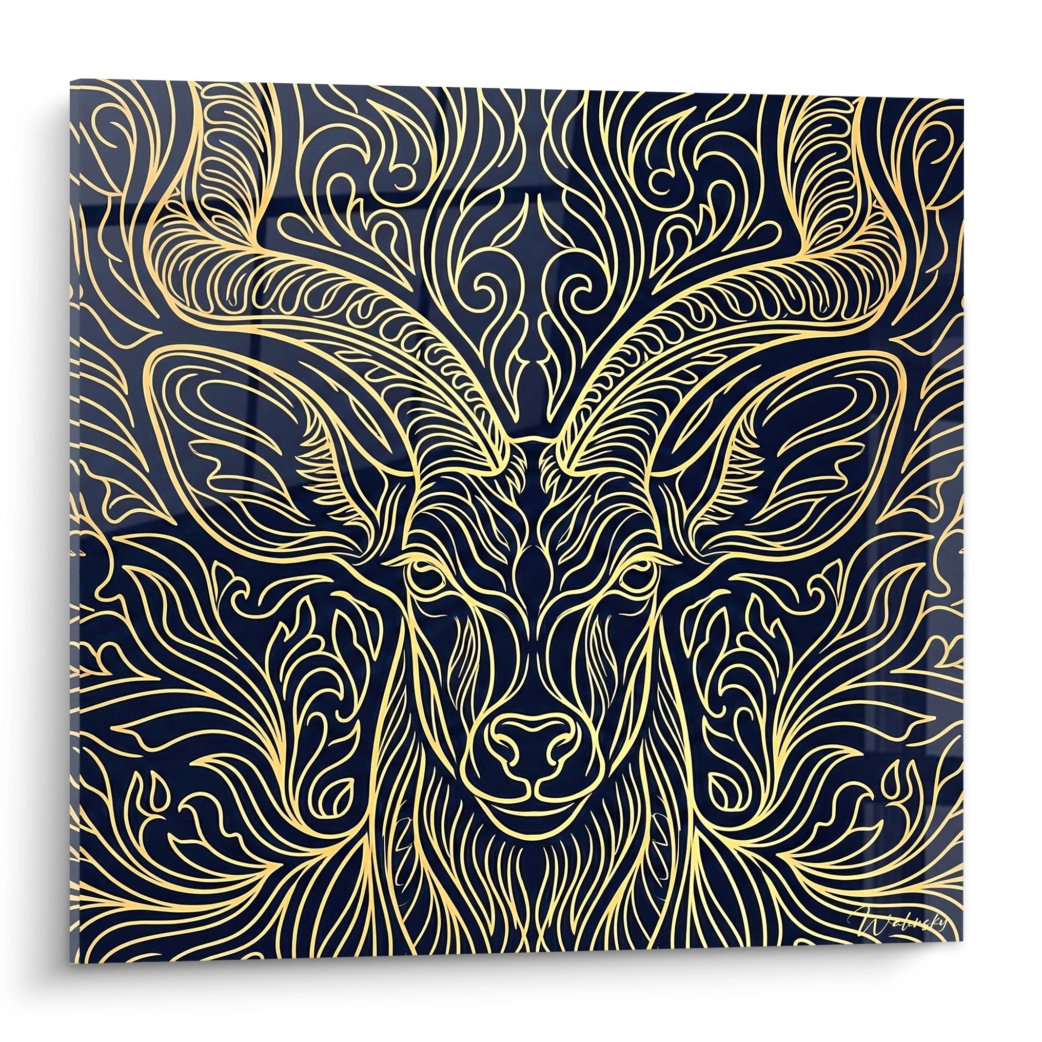 tableau antilope doree motifs ornementaux baroques fond bleu marine art mural decoratif