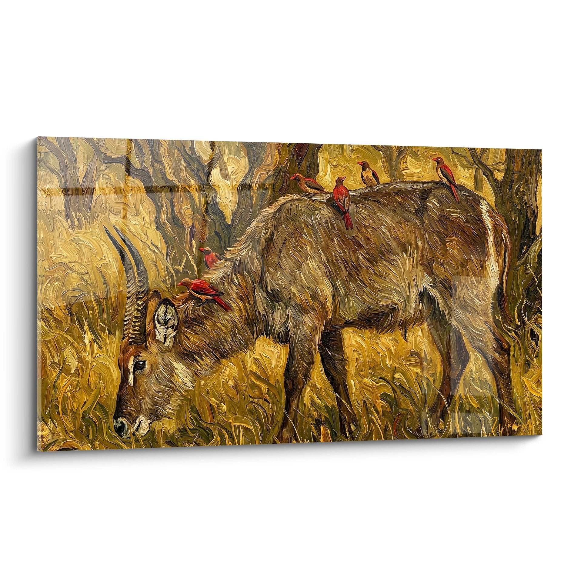 Tableau antilopes dorées avec oiseaux rouges style impressionniste tons chauds Edition Antilope