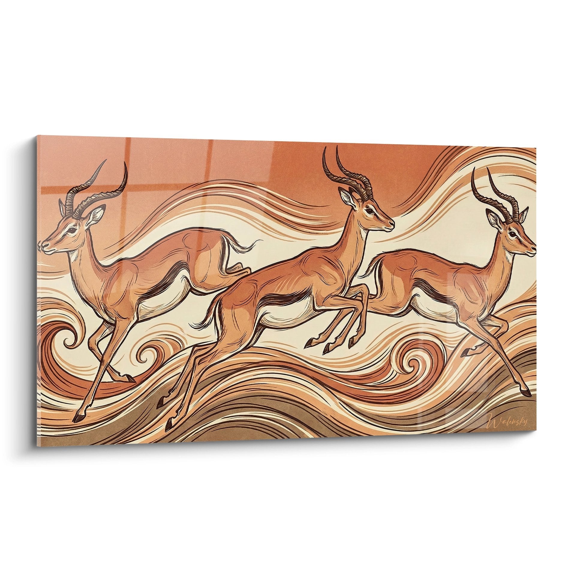 Tableau antilopes bondissantes tons ocre crème mouvement fluide style art nouveau