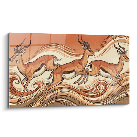 Cuadro de Antílopes en Movimiento Tonos Ocre y Crema - Elegancia Salvaje - Edición Antílope