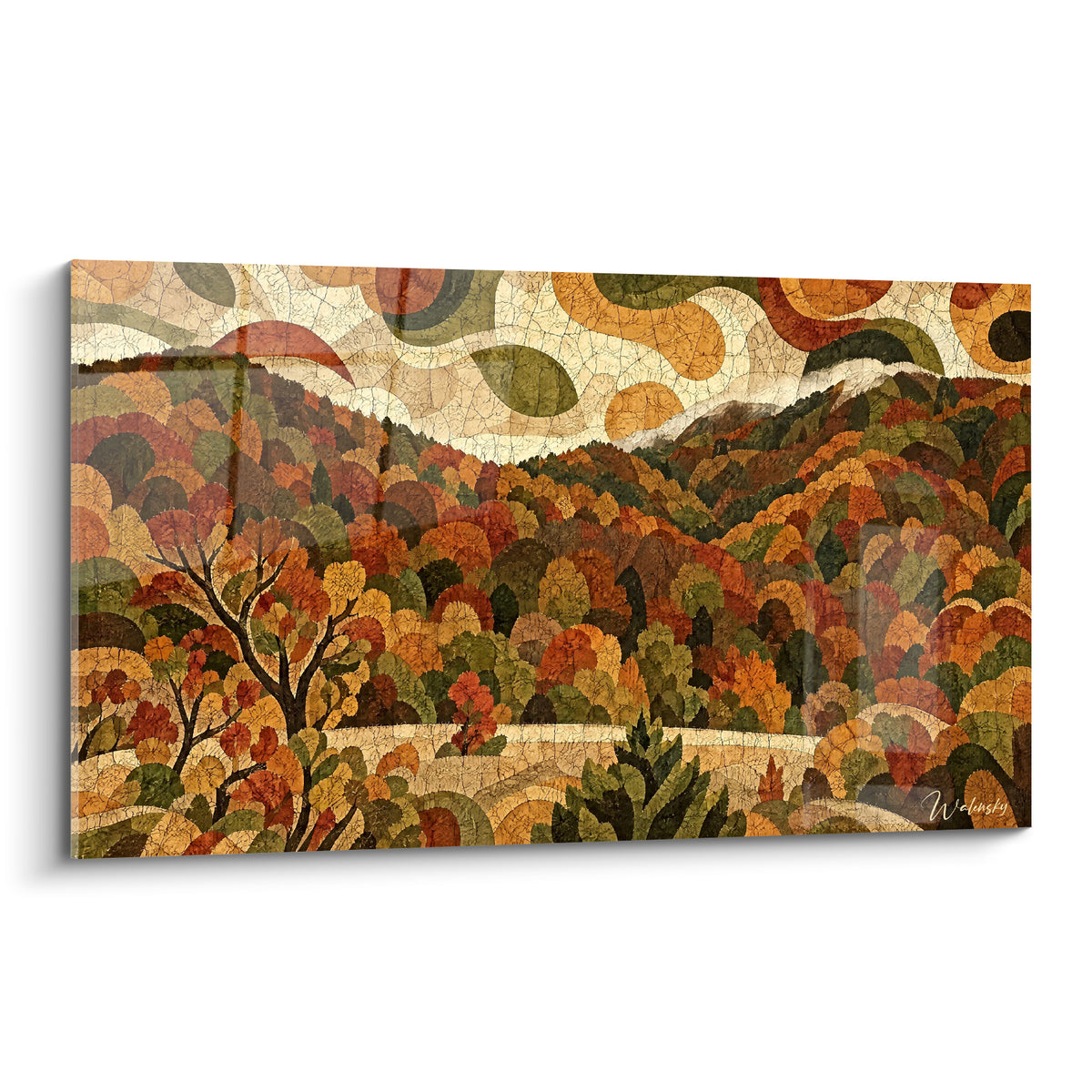 Tableau collines automnales ocre et terracotta en mosaïque craquelée sur toile