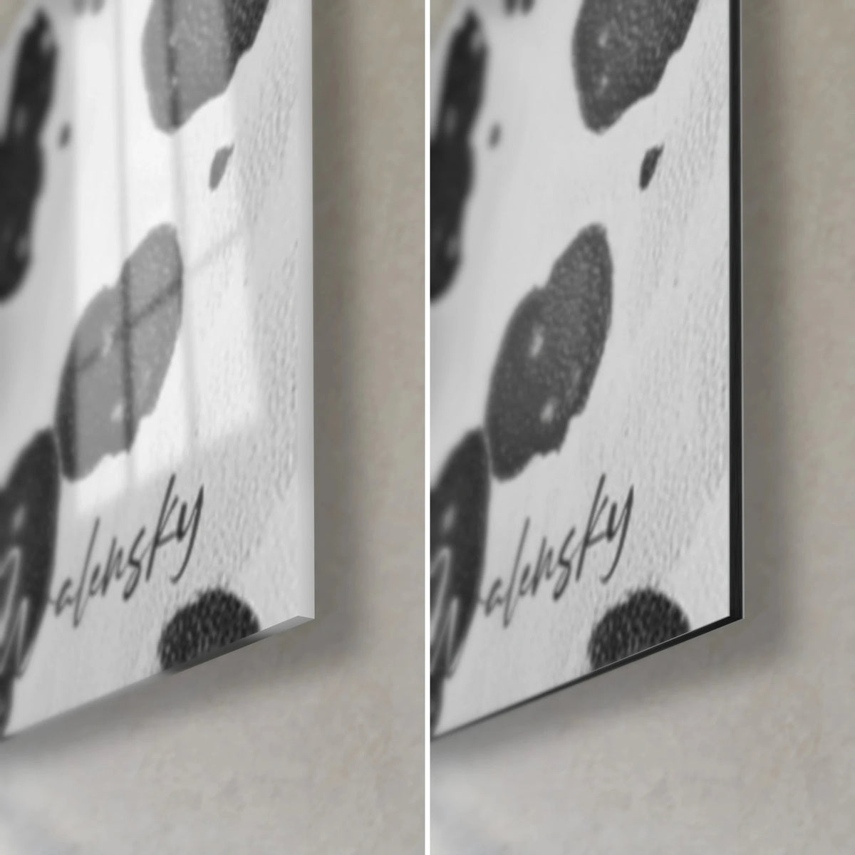 Gemälde mit schwarz gefleckter Statuenprofil, untere rechte Ecke: glänzendes Acrylglas mit Reflexen, mattes weißes Dibond-Aluminium, 3 mm Kante