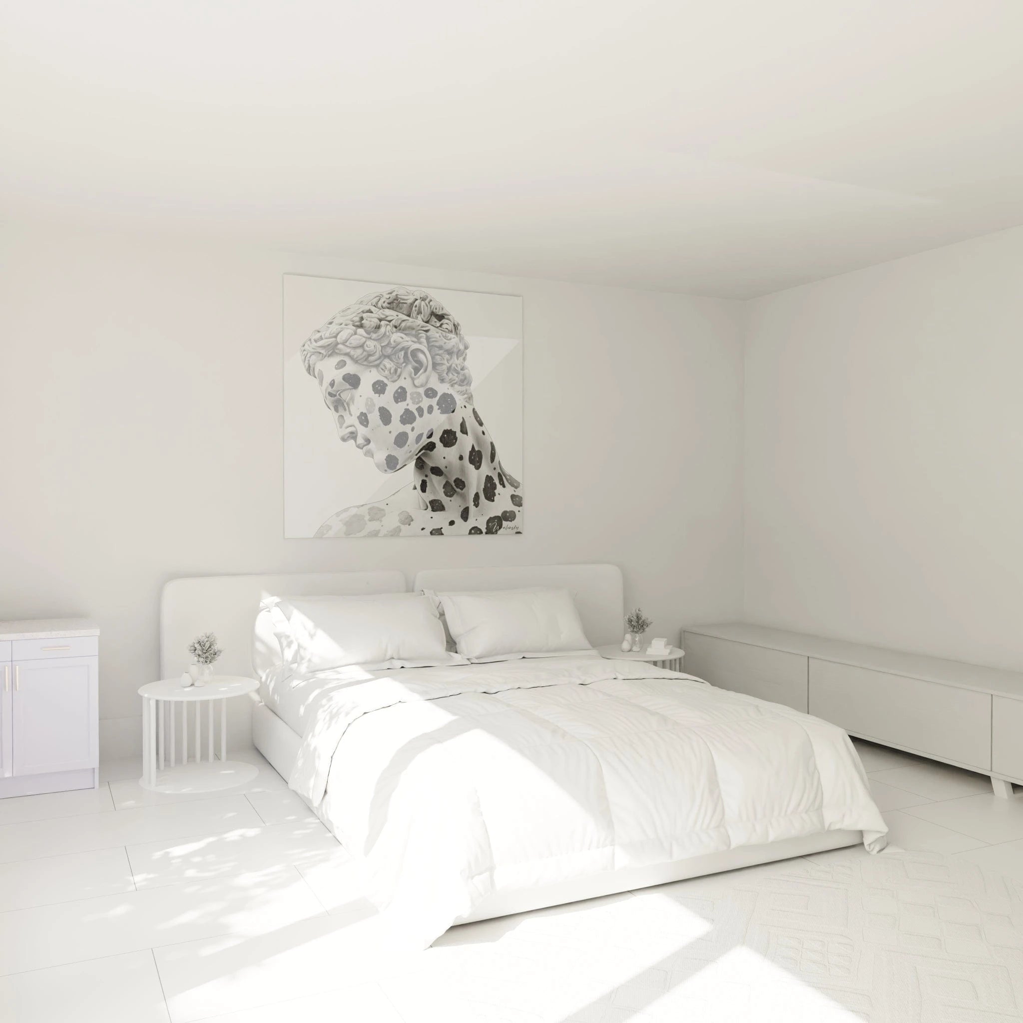 Tableau visage noir et blanc de Walensky, décor élégant pour une chambre minimaliste