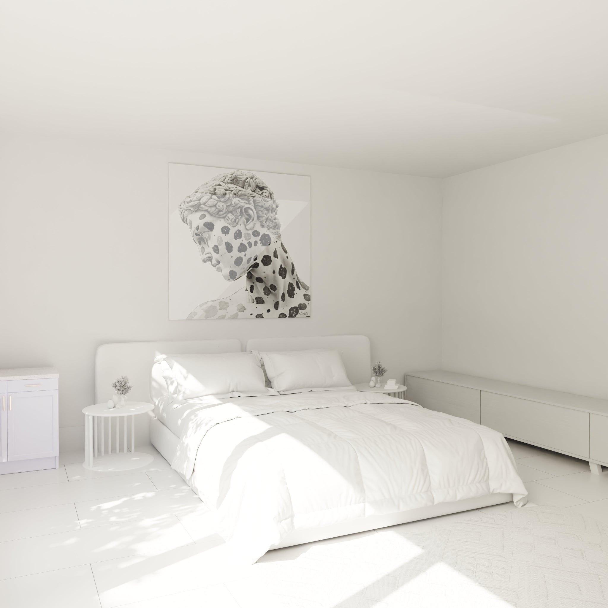 Tableau visage noir et blanc de Walensky, décor élégant pour une chambre minimaliste